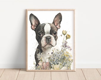 Boston Terrier and Flowers 8x10 Watercolor Style Matte Art Print (Frame Not Included)