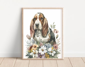 Basset Hound and Flowers 8x10 Watercolor Style Matte Art Print (Frame Not Included)