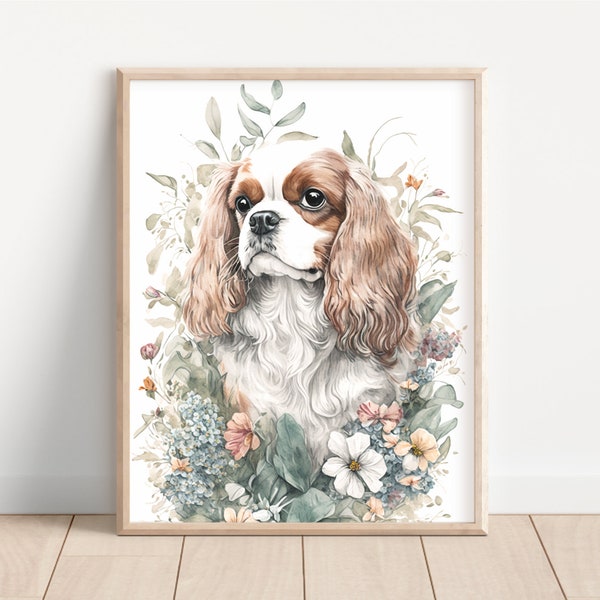 Cavalier King Charles Spaniel and Flowers 8x10 Watercolor Style Matte Art Print (Frame Not Included)