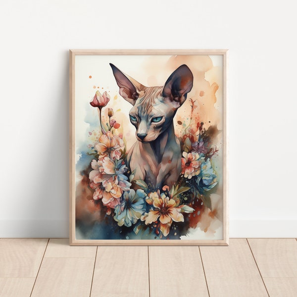 Sphynx Cat with Flowers 8x10 Watercolor Style Matte Art Print (Frame Not Included)