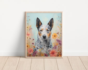 Australian Cattle Dog and Flowers 8x10 Vintage Style Matte Art Print (Frame Not Included)