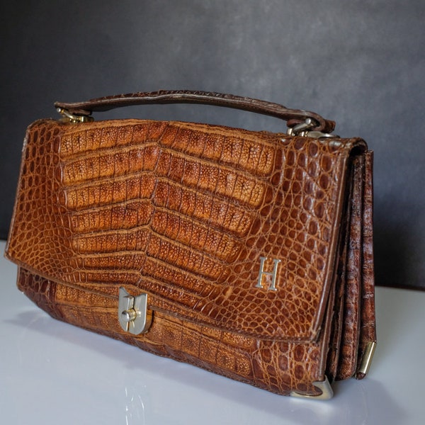 1950's  cognac Croco handbag