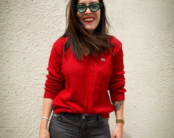 Red V-Neck jersey braids sweater by Lacoste