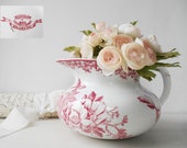 Red White Antique French Jug Water Pitcher Ironstone Wild Roses Stamped GIEN