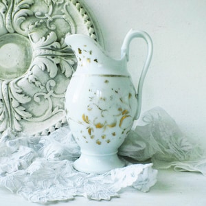 1800s Jug Antique French White Porcelaine de Paris Pitcher Hand Painted Golden Faded Decor Shabby Chic