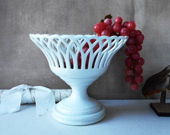 1800s Antique French Open Work White Ironstone Footed Basket Pedestal Fruit Bowl