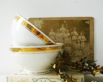 Set of 2 Antique French White and Golden Porcelaine Cafe au Lait Bowls Stamped