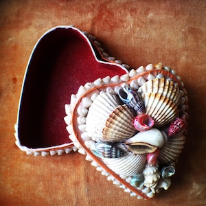 May include: Heart-shaped box decorated with seashells. The box has a red interior and is open. The exterior is adorned with a variety of shells in white, tan, and pink, creating a textured surface. The box is a decorative item.