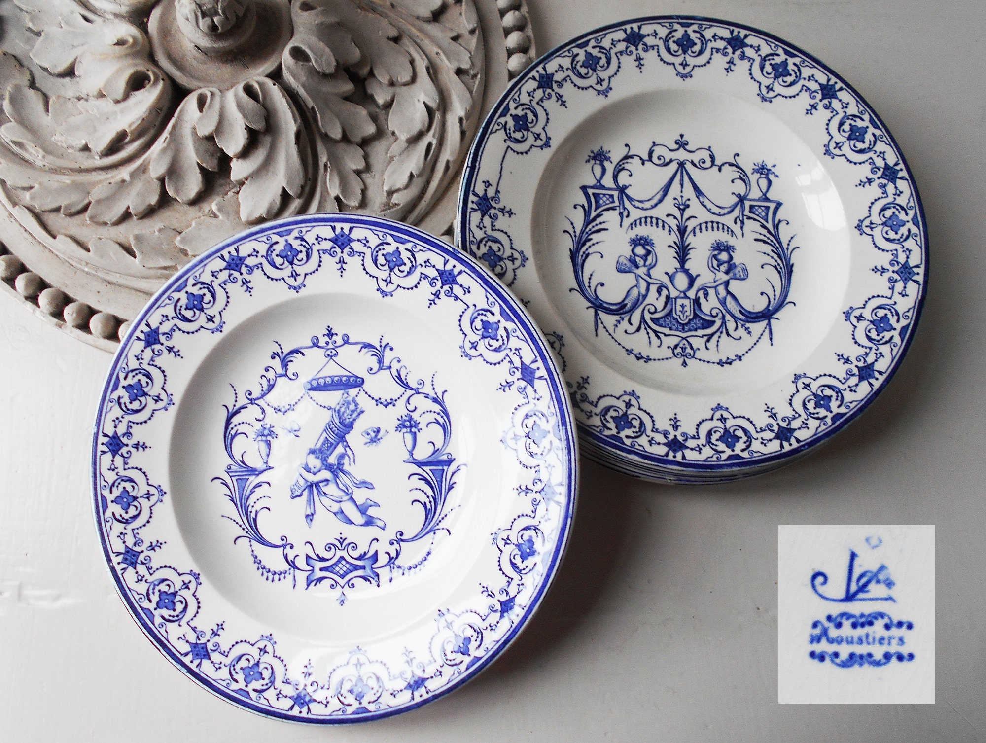 6 Assiettes Profondes de Conte Fées Moustiers Français Antique Bleu Blanc Ironstone Petites Profonde