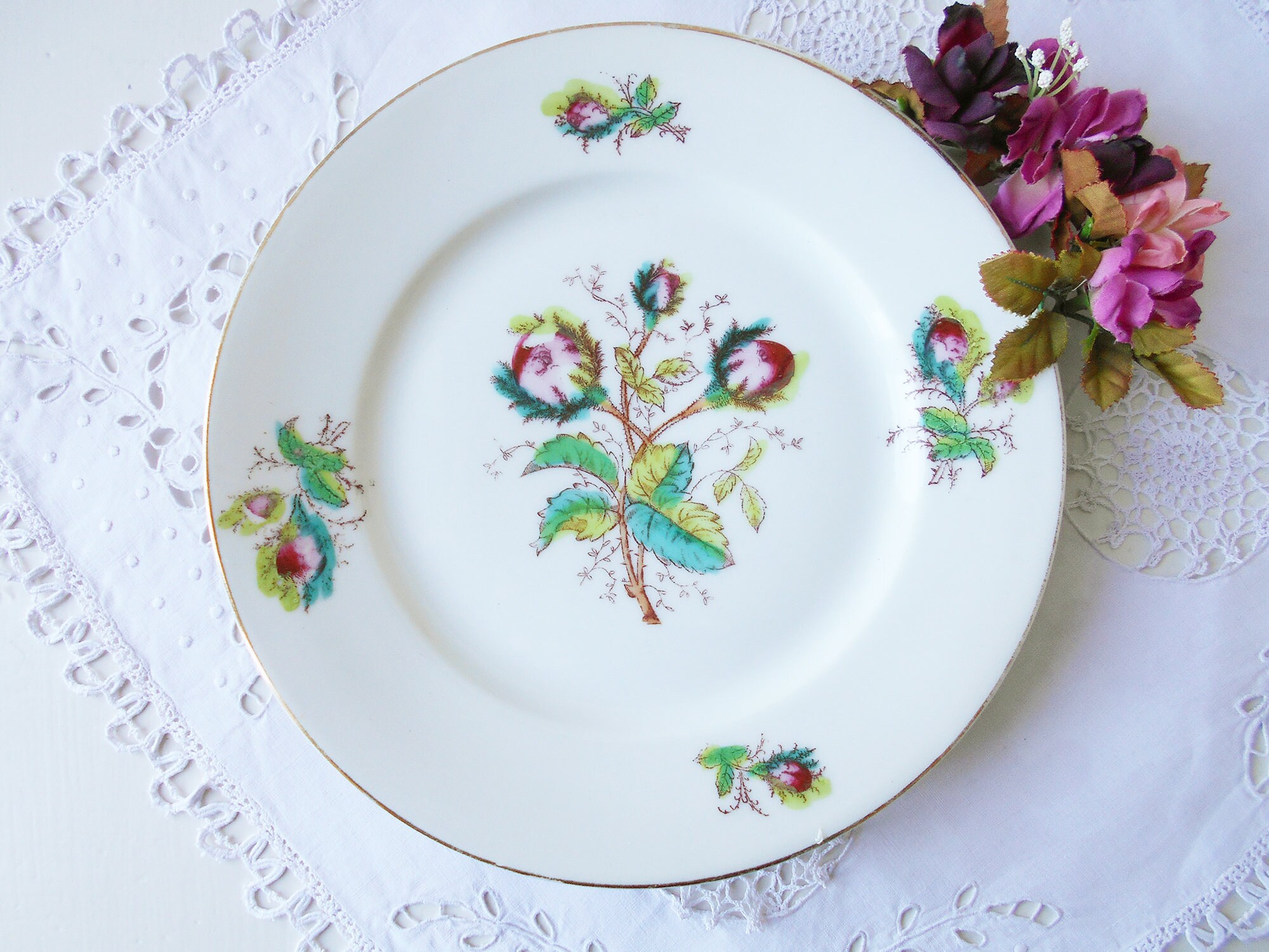 4 Assiettes Français Antiques Moss Roses Servant Des Plats Peints à La Main Dans Les Années 1800