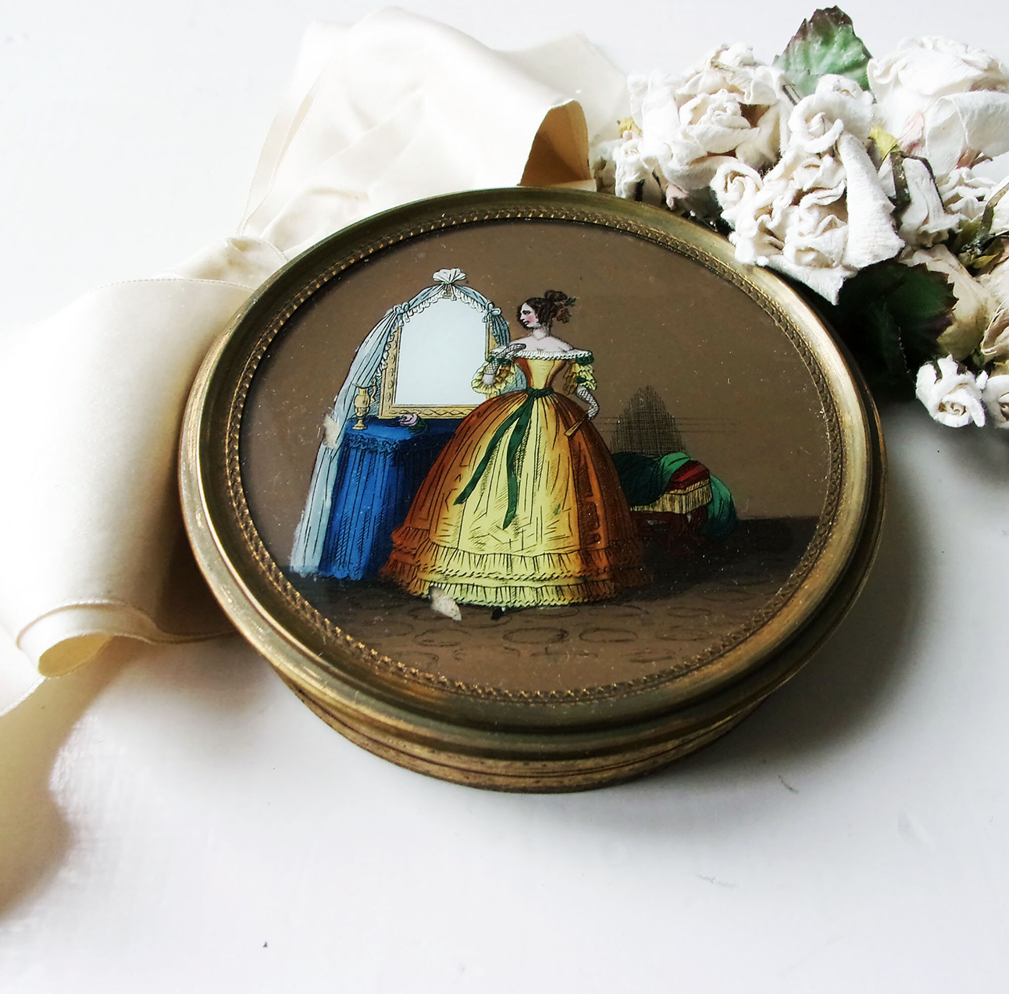 Antique French Bonbonnière Hand Painted Keepsake Box, Romantic 