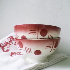 French Cafe au Lait Bowls - Red & White Ironstone Latte Bowls - Set of 2