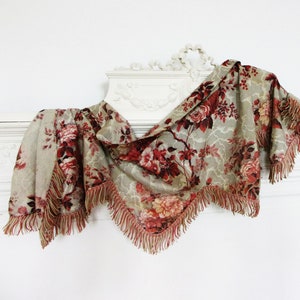Antique Boudoir Pelmet French Red Pink on Gray Flower Fabric Cantonnière Valance  Original Fringes Hand Sewn Cotton