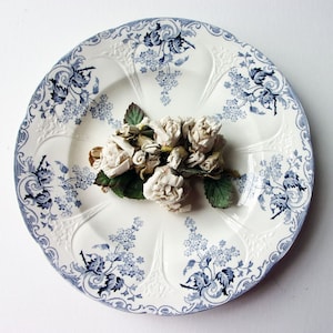 Antique French Ironstone Plates White Blue Lilac Flowers Embossed Decor Stamped LONGWY/France