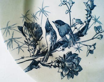 Antique French Ironstone Platter Blue Transferware Birds Flowers Nouveau Dépôt Paris
