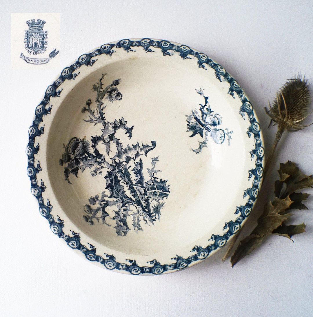Antique GIEN French Ironstone Bowl: Blue Thistle Flowers, 