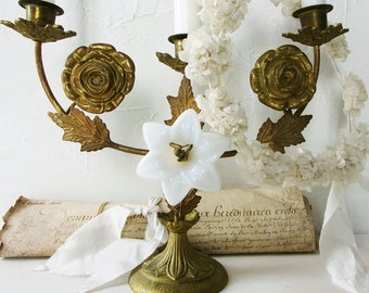 French Chapel Church Candelabra Antique Bronze Altar Candlestick White Opaline Porcelain Lily Flower