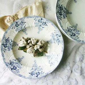 Antique French Ironstone Plates - LONGWY Joinville - Blue Floral Decor, Set of 5