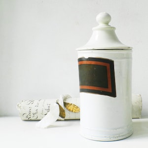 Large Antique Storage Jar French White Ironstone Pharmacy Pot with Label
