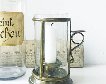 19th Century French Brass & Glass Photophore Antique Hurricane Candle Holder |Original Glass Lantern
