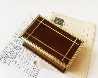 Antique Wooden Stamp Box with Brass Inlay Victorian Mahogany Desk Box, Postal Stamp Holder,Small Stationery Box Writing Desk Accessory