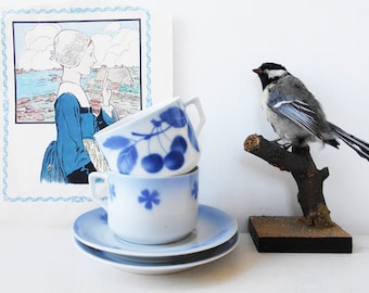 Set of 2 Blue Cherry Cups and Saucers Vintage Stenciled
