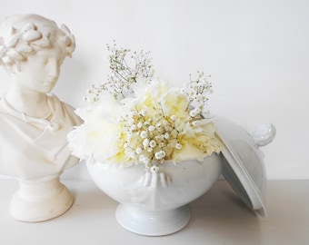 Large Antique French Tureen White Ironstone with Leaf Decor.