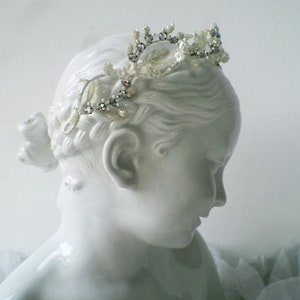 Antique French Wedding Crown: Pearls, Rhinestones, Silk Purse & Original Box