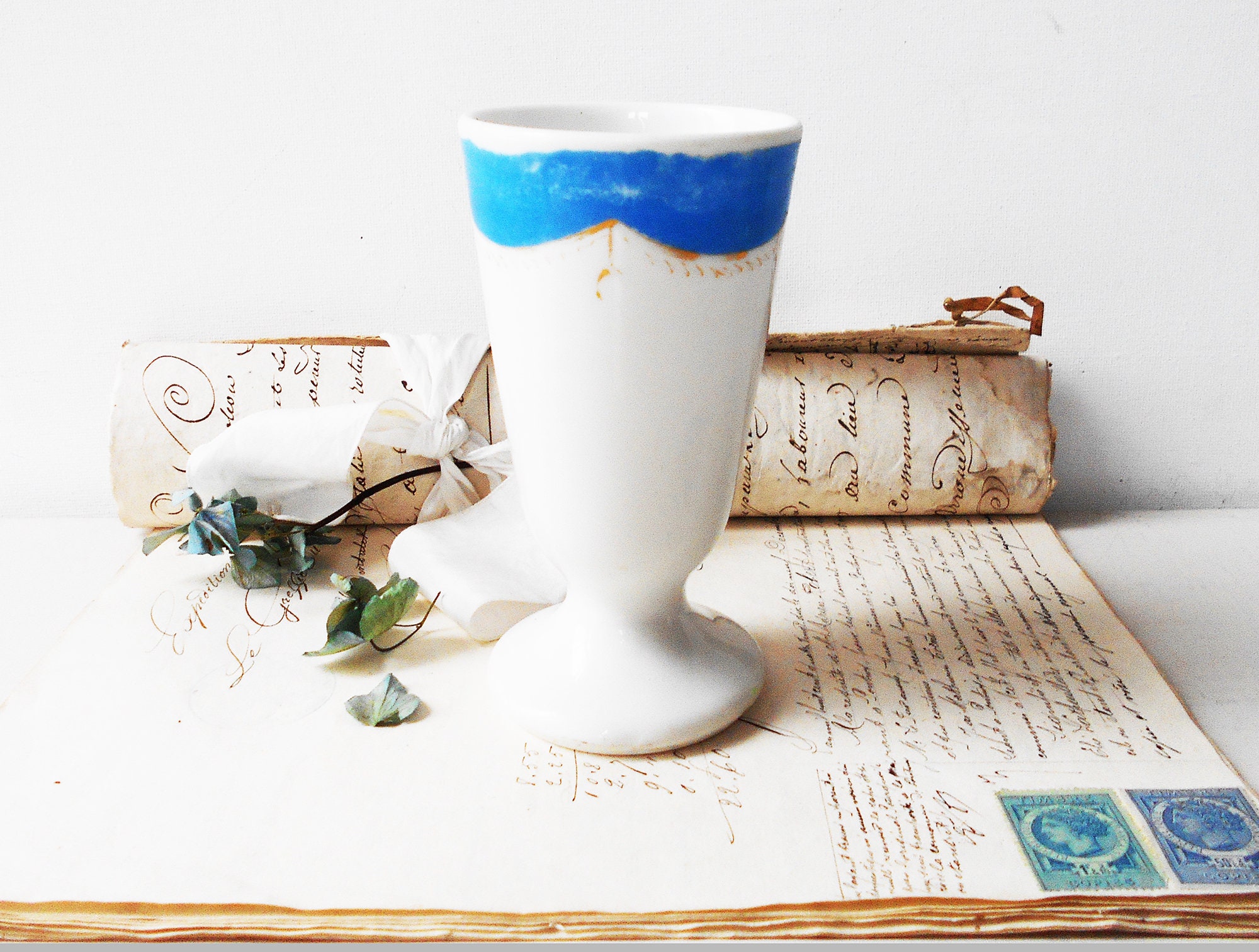 Antique Français Tasse à Café Brulot Mazagran Blanc Bleu Détails Paris Bistro Heavy Porcelaine