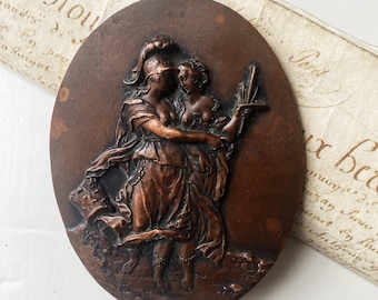 Antique Copper Minerva Plaque, Classical Myth Relief Medallion Allegorical Female Figures (1800s)