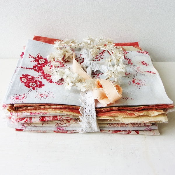 10 pieces Antique Scrap Pack Bundle French Quilt Fabric Pieces 1800s - 1940s Mix Pink Floral Textiles