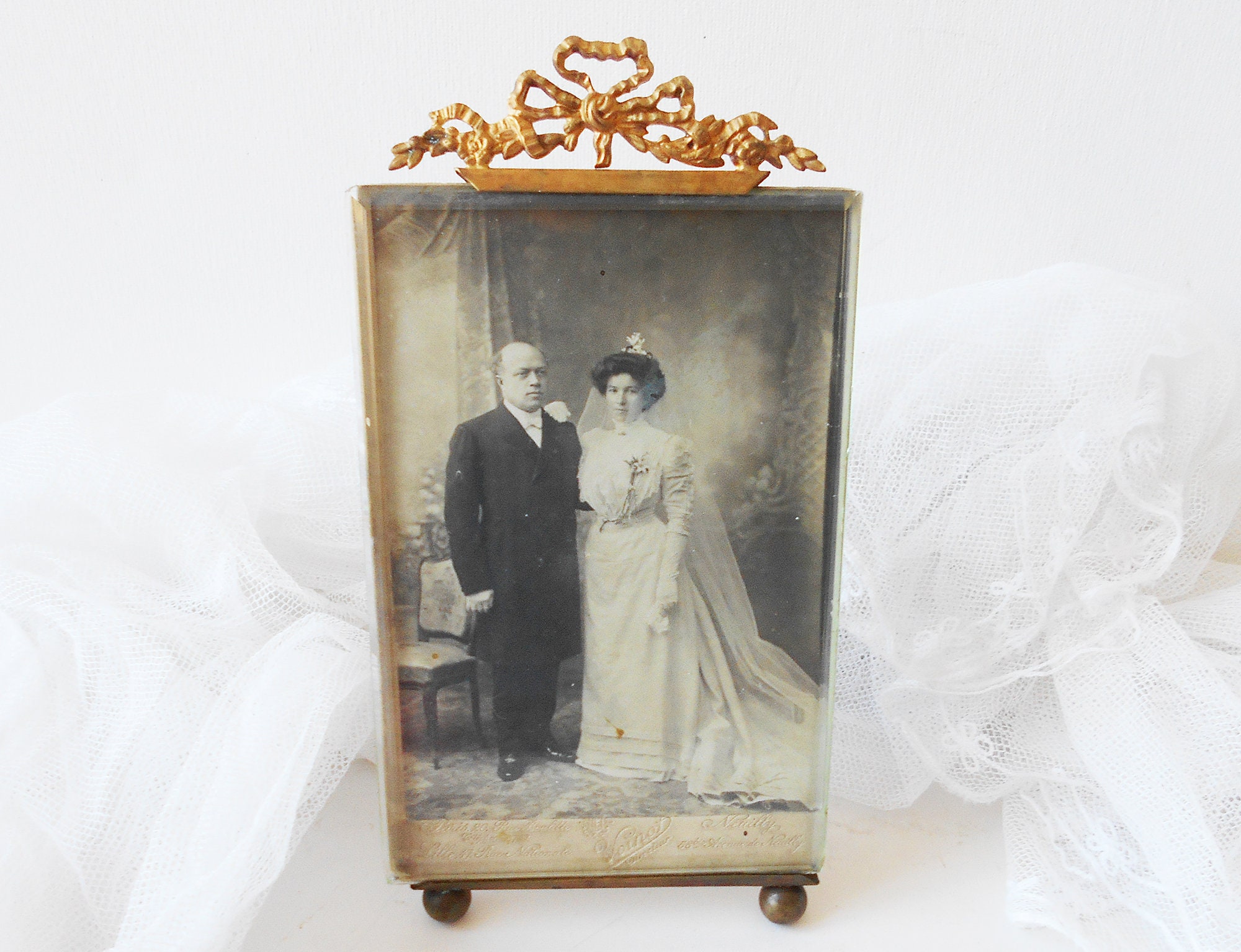 Large Antique French Photo Frame Brass Golden Ribbon Bow Etsy