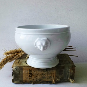 Medium Antique French Lion Head Bowl Soup Tureen White Ironstone Footed with Lion&#39;s Head Stamped