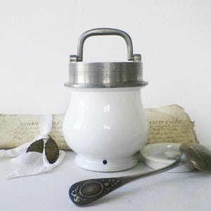French Ironstone Pot with Screw Lid Antique Farmhouse Kitchen Decor 19th Century Broth Jar
