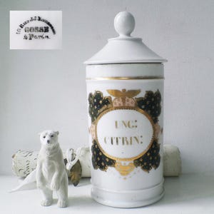 XXL Antique Pharmacy Storage Jar French White Ironstone Hand Painted