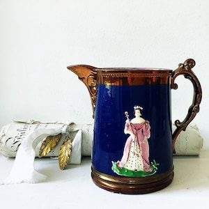 Antique Victorian Lustreware Jug – Queen Victoria & Prince Albert – Cobalt Blue, 6&quot; Tall, 1840s Staffordshire