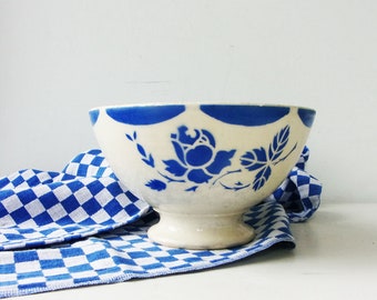 Antique French Traditional Bowl White and Blue Ironstone Breakfast Cafe au Lait Bowl Large Stenciled Flowers