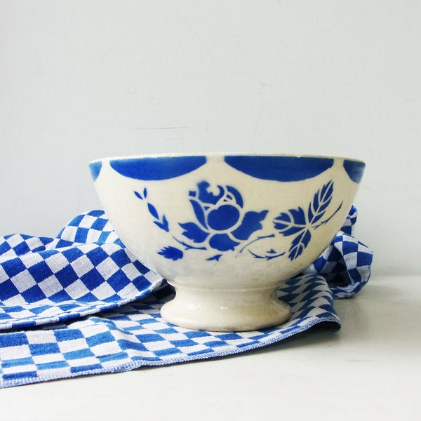 Antique French Traditional Bowl White and Blue Ironstone Breakfast Cafe au Lait Bowl Large Stenciled Flowers