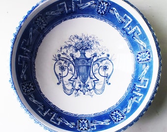 Very Large Antique Blue & White Bowl Neoclassical "Boston" Soap Dish Sponge Bowl Signed Boch La Louvière