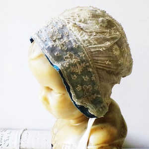 1800s Antique French Baby Bonnet Lace Bonnet Finest Embroidery White and Blue
