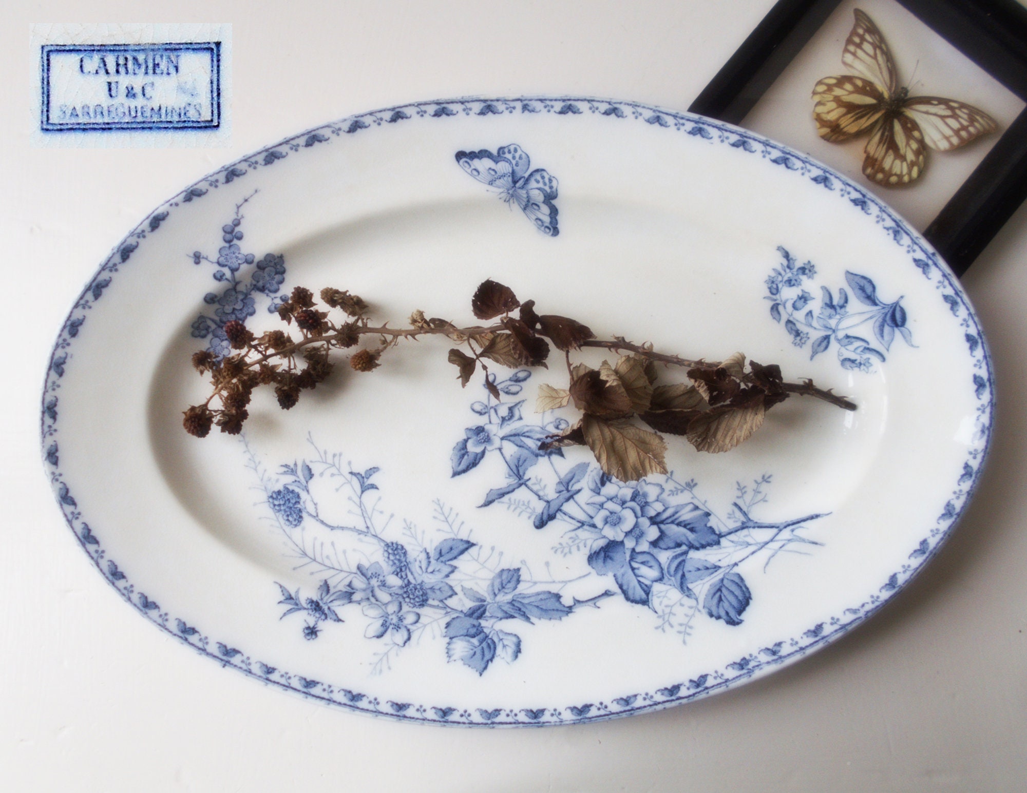Grande Français Antique Assiette de Service Blanc et Bleu Ironstone Oval Dish 1800S U&c/ Sarreguemin