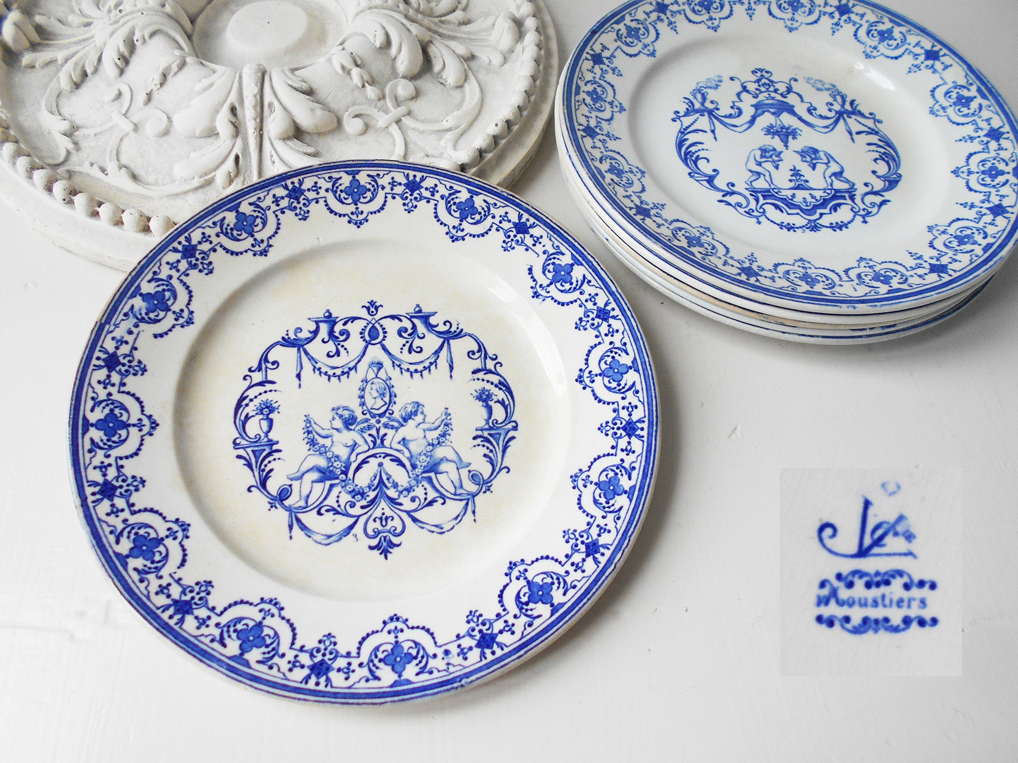 6 Assiettes d'un Conte de Fées Français Antique Bleu Blanc Ironstone Dessert Assiettes Petit Déjeune