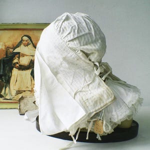 Antique 19th-Century Nun&#39;s Bonnet with Original Ecclesiastical Wax Seal | French Convent, Normandy | Religious Textile Relic