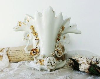 Antique French Vase Wedding Vase Church Altar Vase White Paris Porcelain Gilded Roses Bridal Vase