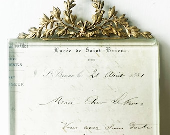 Antique French Photo Frame, Gilded Brass Louis XVI Style with Calligraphy