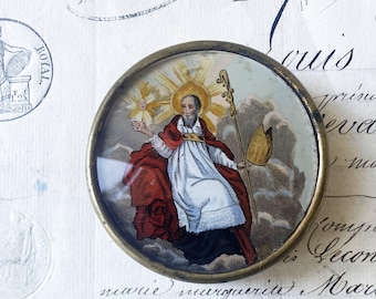 Antique French Devotional Box: Reverse Painted Glass Bishop Saint Trinket (c. 1830-1850)