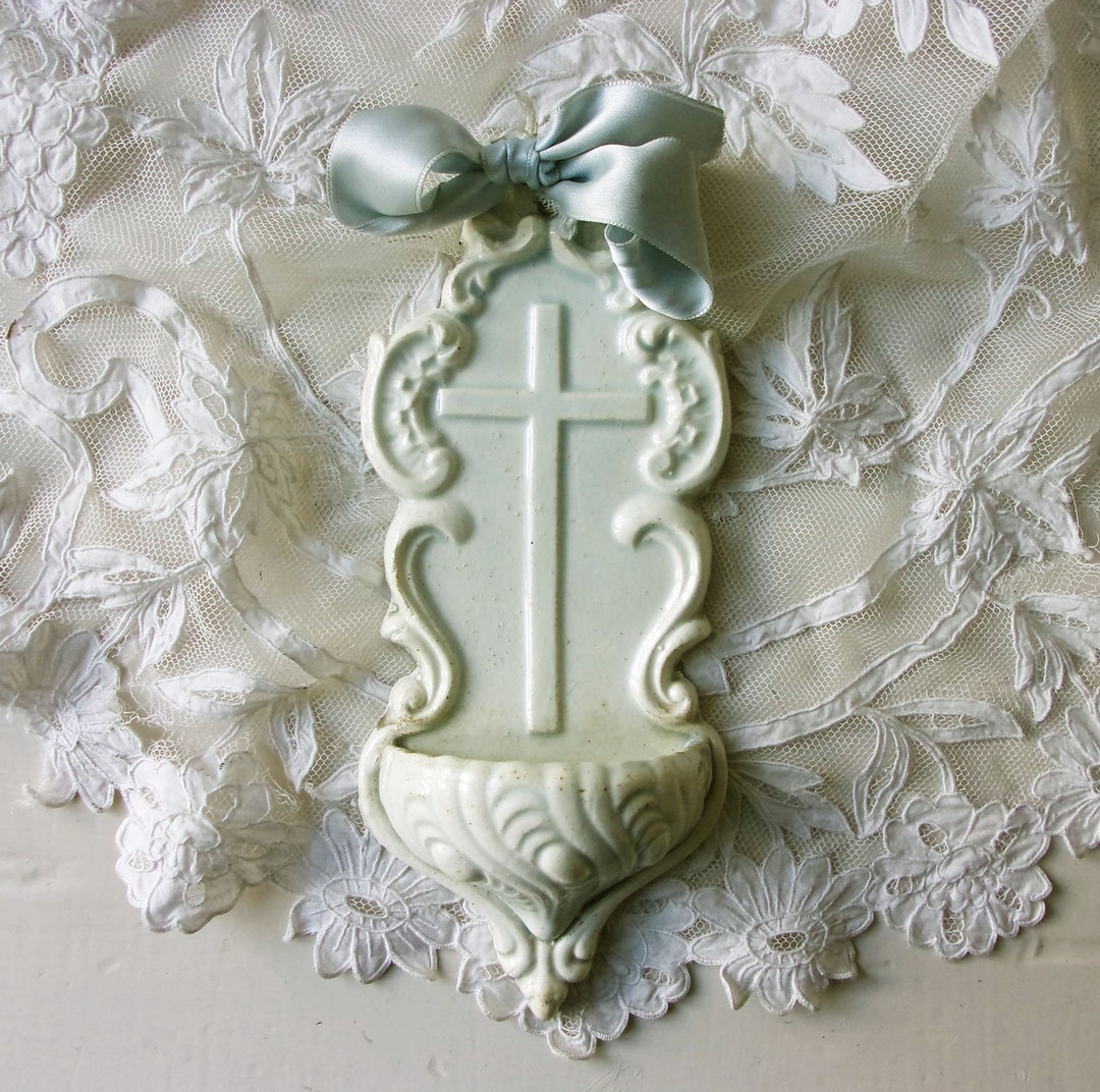 Antique French Holy Water Font White Ironstone Cross Wall Etsy