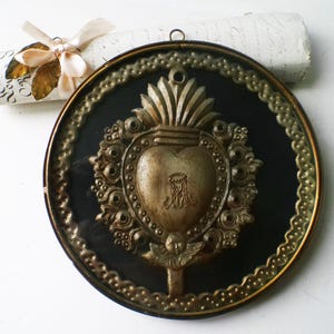 Antique French Ex Voto: Holy Mary Framed Metal Heart - Ave Maria