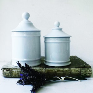 Set of 2 White Pharmacy Storage Jars French Ironstone Lidded Pots Stamped LIMOGES