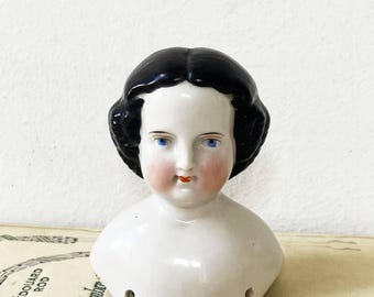 Antique China Doll Head and Limbs, 1850s Porcelain, Blue Eyes, Black Boots
